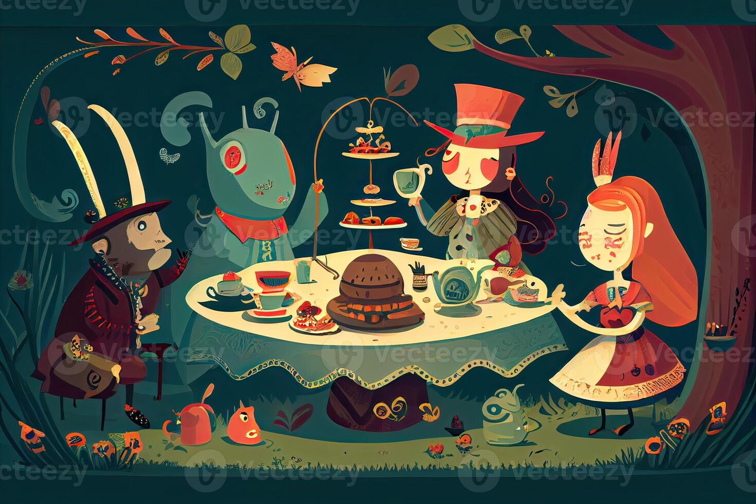 illustration of a whimsical tea party scene with a variety of talking animals and characters, in a colorful and playful style in wonderland photo