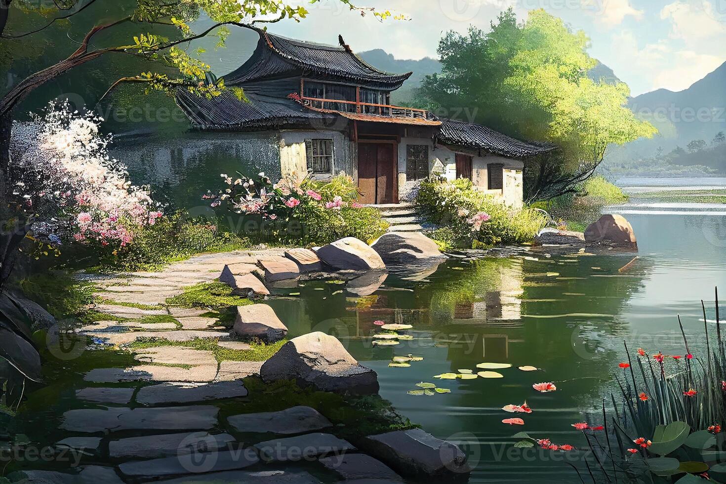 illustration of the lake is surrounded by green water plants, colorful green flowers, sparkling on the lake, traditional chinese house,cobblestone path,beautiful sunshine photo