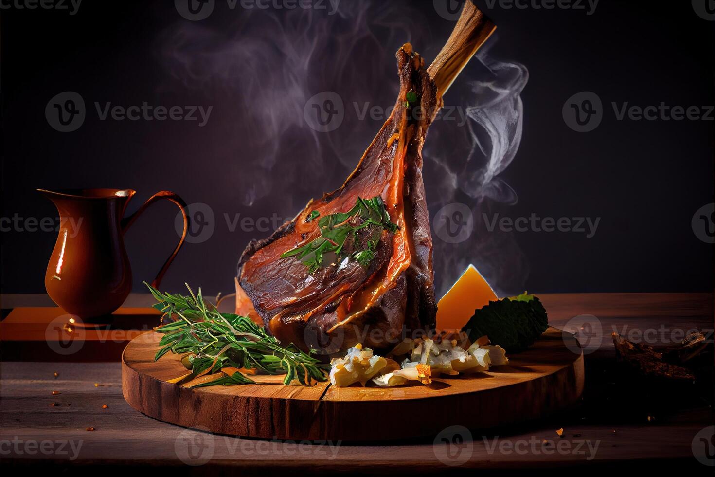 illustration of freshly grilled tomahawk steaks on wooden cutting board, superbly delicious tomahawk steak, barbecue photo