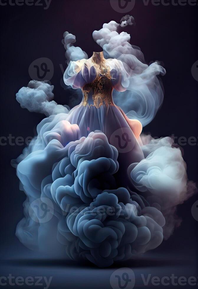 illustration of Fashion design, dress made from clouds, smoke, mist, shining, spark, sparkling, flora background, bright, cloth folds wave air, glowing, fairy, full length dress photo