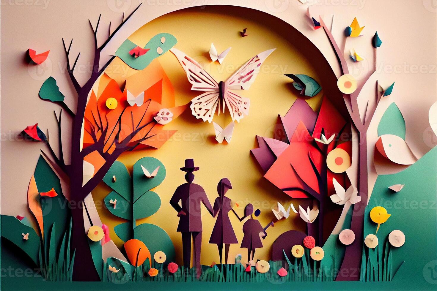 illustration of origami spring background, joyful elderly, happy family with parent, colorful. Paper cut craft, 3d paper illustration style, pop color. Neural network generated art. photo