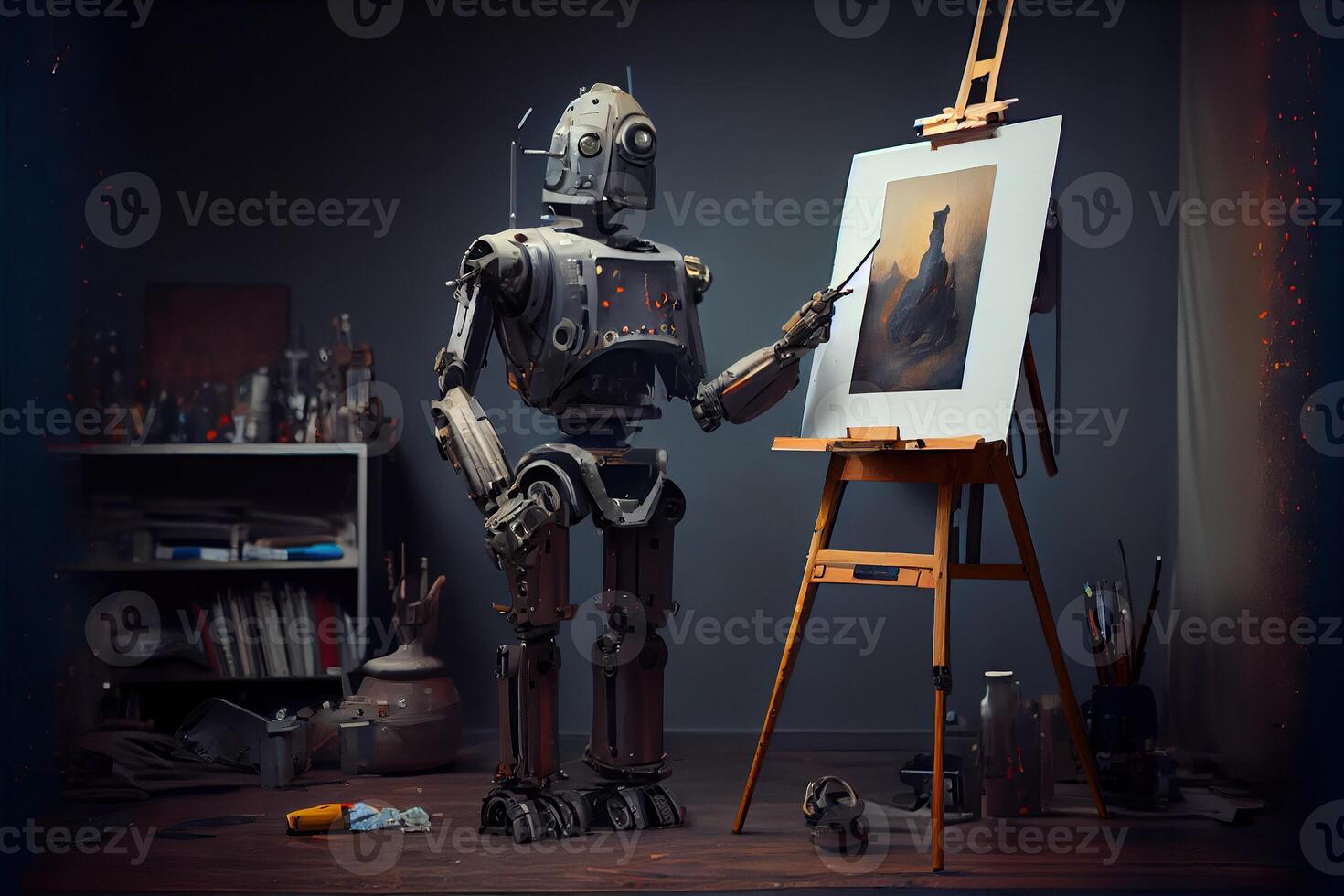 illustration of Cyborg Ai robot artist in dark studio next to his easel, painting and paints while working, neural network generated art. Digitally painting, generated image. photo