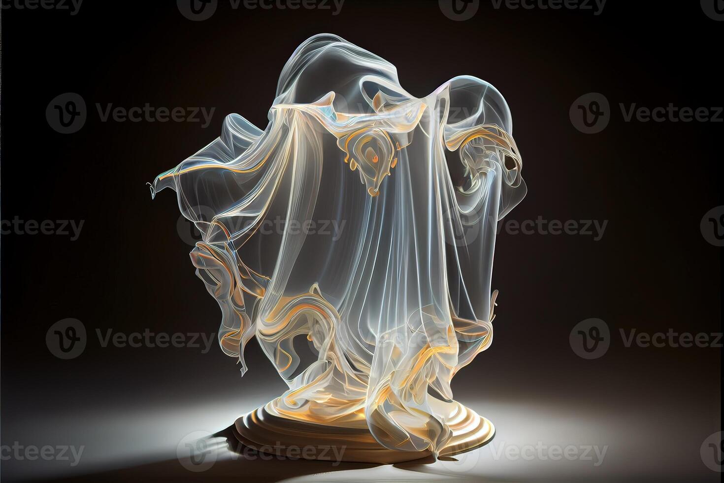 illustration of levitating moving twisting translucent cloth covering glowing objects in dark background photo