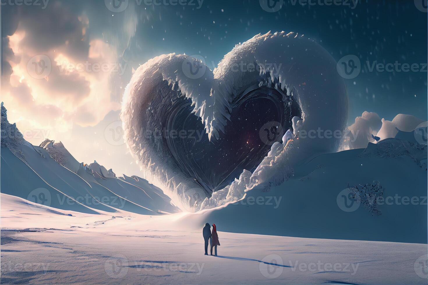 illustration of a blizzard of love. Couple kissing in snow. Big heart. Love and valentine day concept. Neural network generated art. Digitally generated image. photo