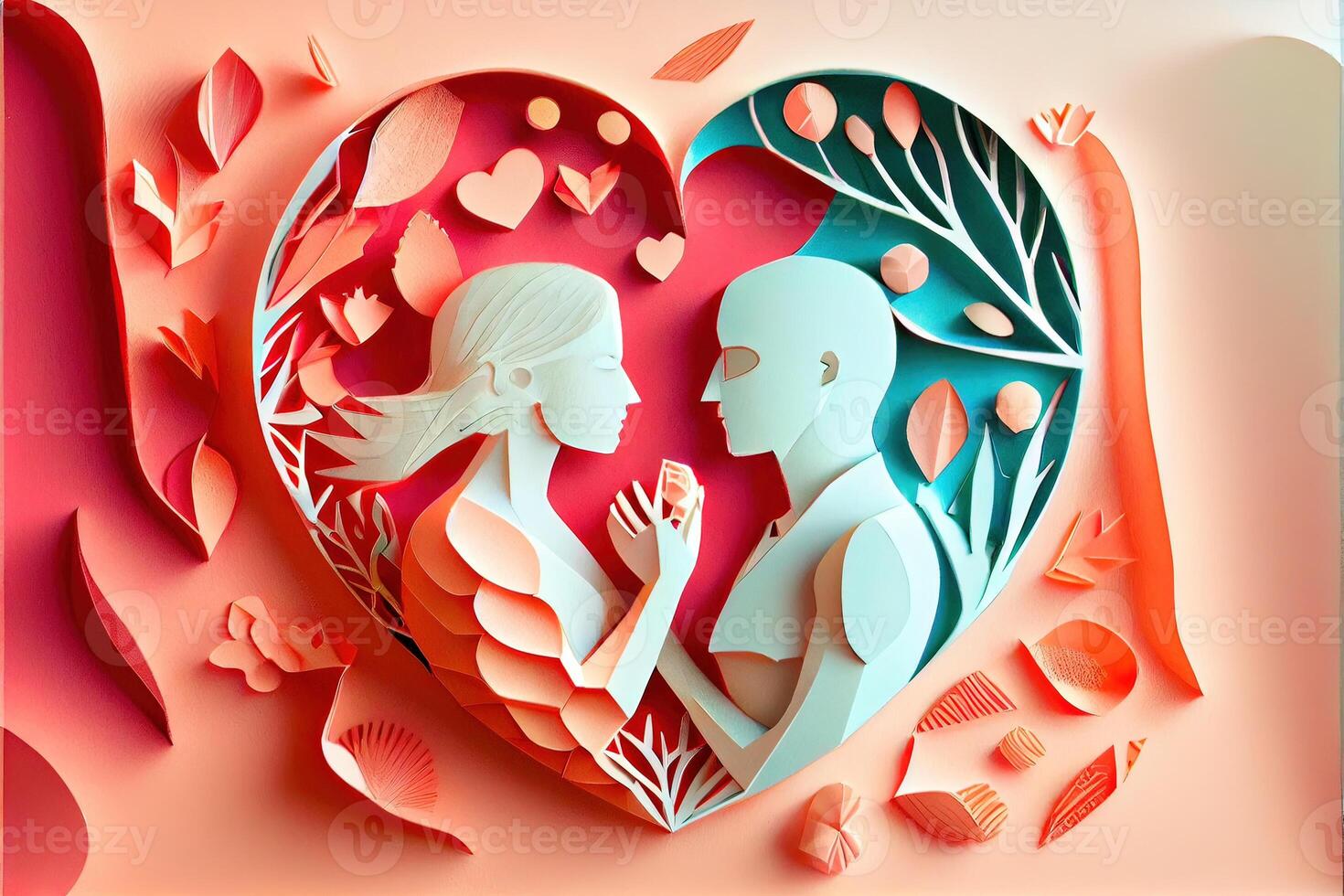 illustration of origami Valentine day background, happy couple, colorful. Paper cut craft, 3d paper style. Neural network generated art. Digitally generated image photo