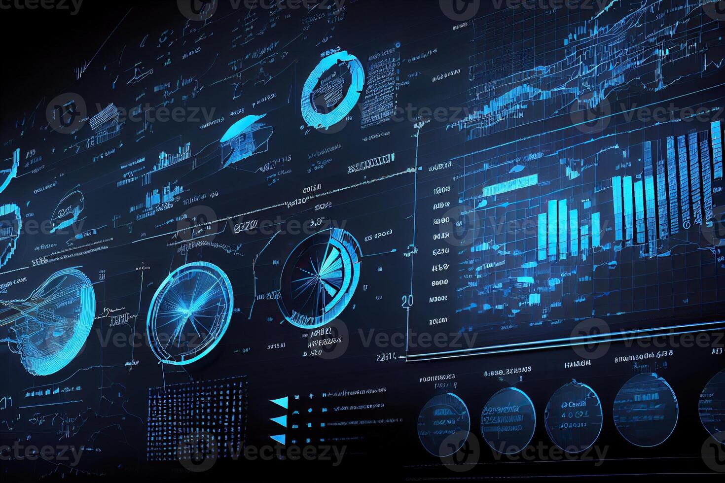 illustration of financial charts, futuristic, silhouette crypto currency market, isometric, blue background photo