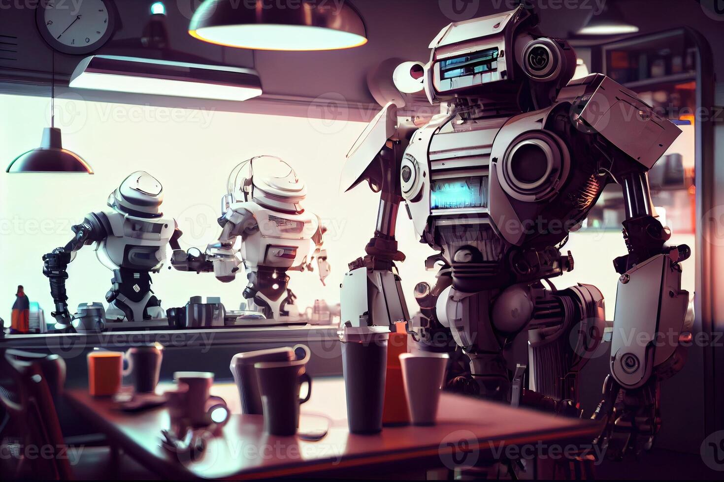 illustration of a futuristic robot cafe with a wide range of robot customers, where robots of all shapes and sizes come to enjoy a cup of java or a sweet treat photo
