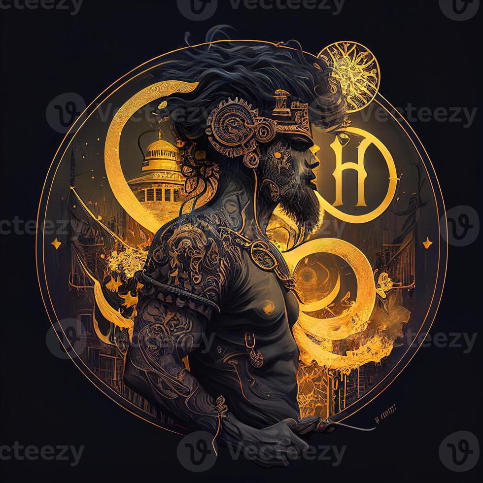 illustration of cyberpunk Zodiac sign with a industrial smoke, mechanic detail on shoulders, pollution, centered inside intricate gold and fire circle of city and Skyscrapers, steam punk photo