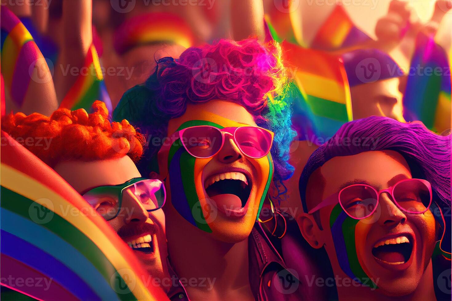 illustration of Diversity young gay women and men with waving pride rainbow flag. Supporters of the LGBT community. Neural network generated art. Digitally generated image. photo