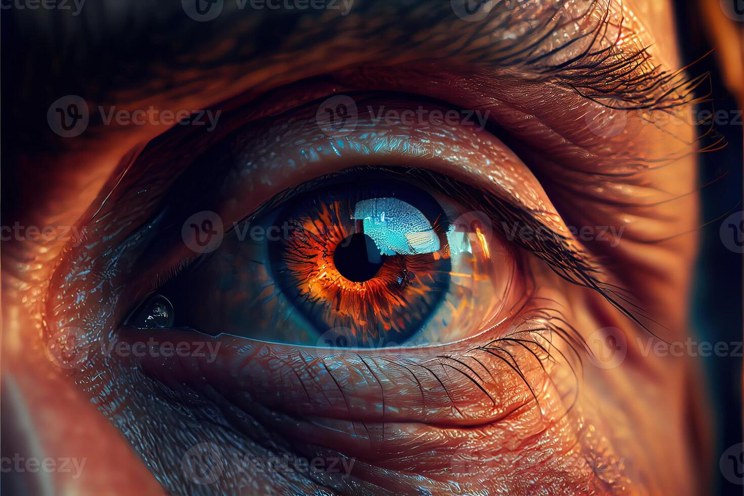 illustration of sadness is seen deep inside, mirroring, hyper realistic, colorful, cinematic lighting, close macro photo shot of an eye of old man.