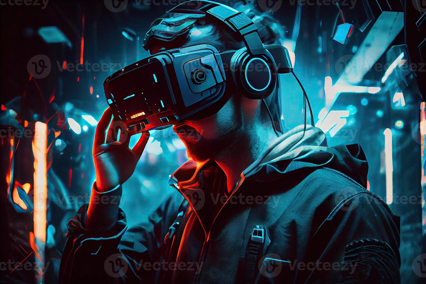 illustration of man with virtual reality VR goggle playing AR augmented reality game and entertainment, futuristic metaverse gameFi NFT game ideas photo