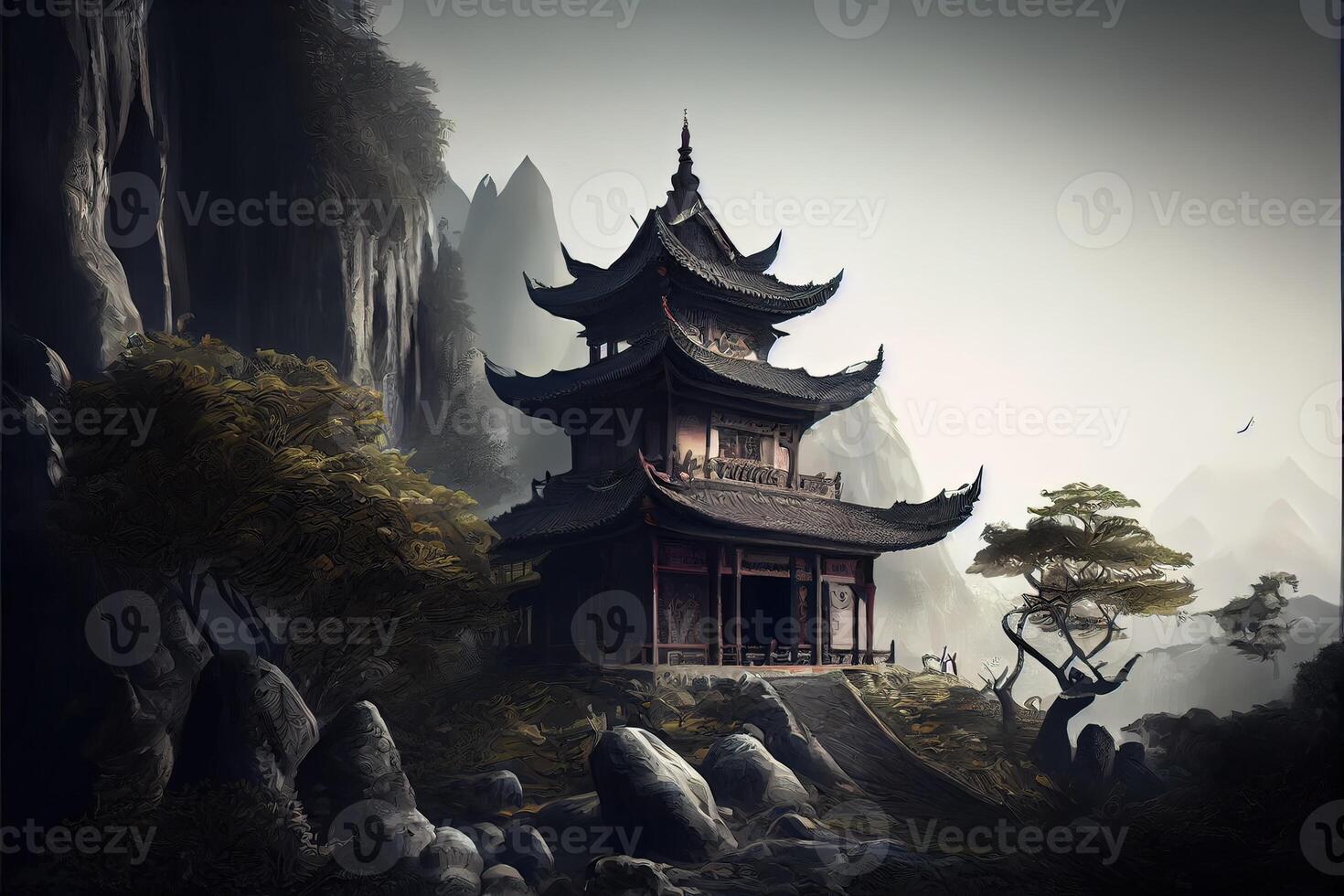 illustration of Fantasy background with mysterious ancient Chinese temple in mountains. Digital artwork. Chinese style. Gaming and art concept. photo