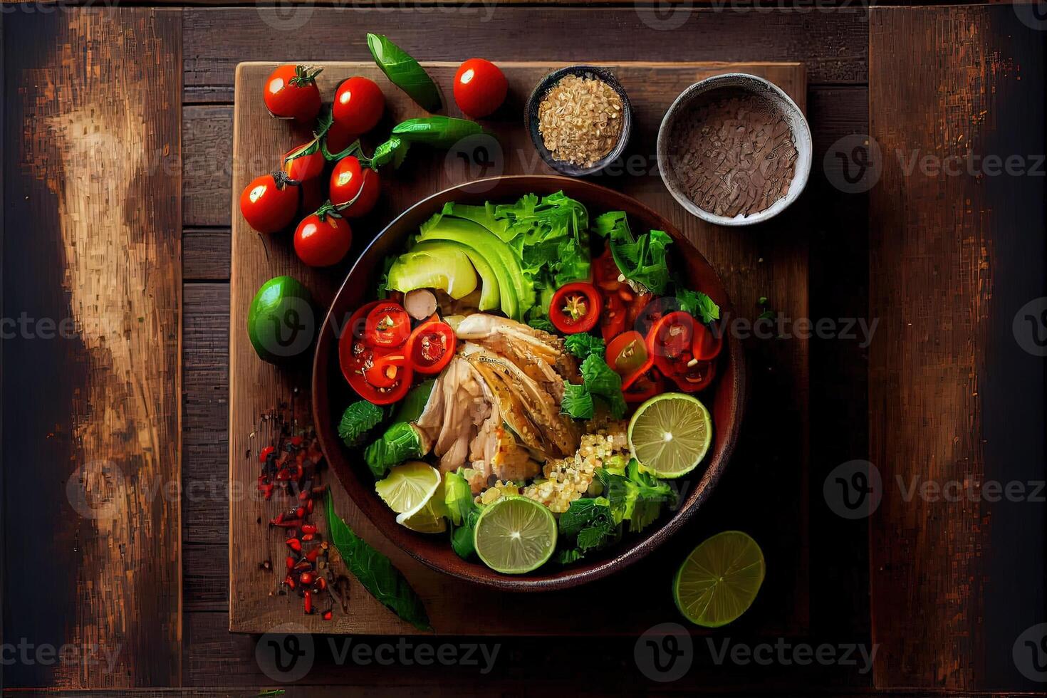 illustration of healthy salad bowl with quinoa, tomatoes, chicken, avocado, lime and mixed greens, lettuce, parsley on wooden background top view. Food and health. photo