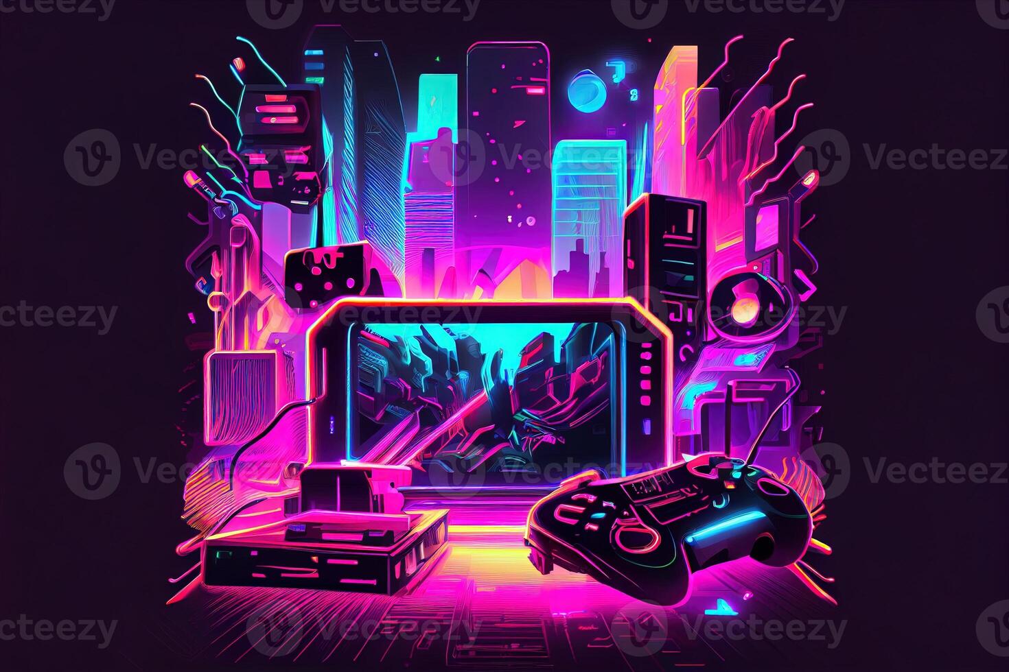 Generative AI illustration of gaming background, abstract cyberpunk style  of gamer wallpaper, neon glow light of scifi fluorescent sticks. Digitally  generated image 22702292 Stock Photo at Vecteezy