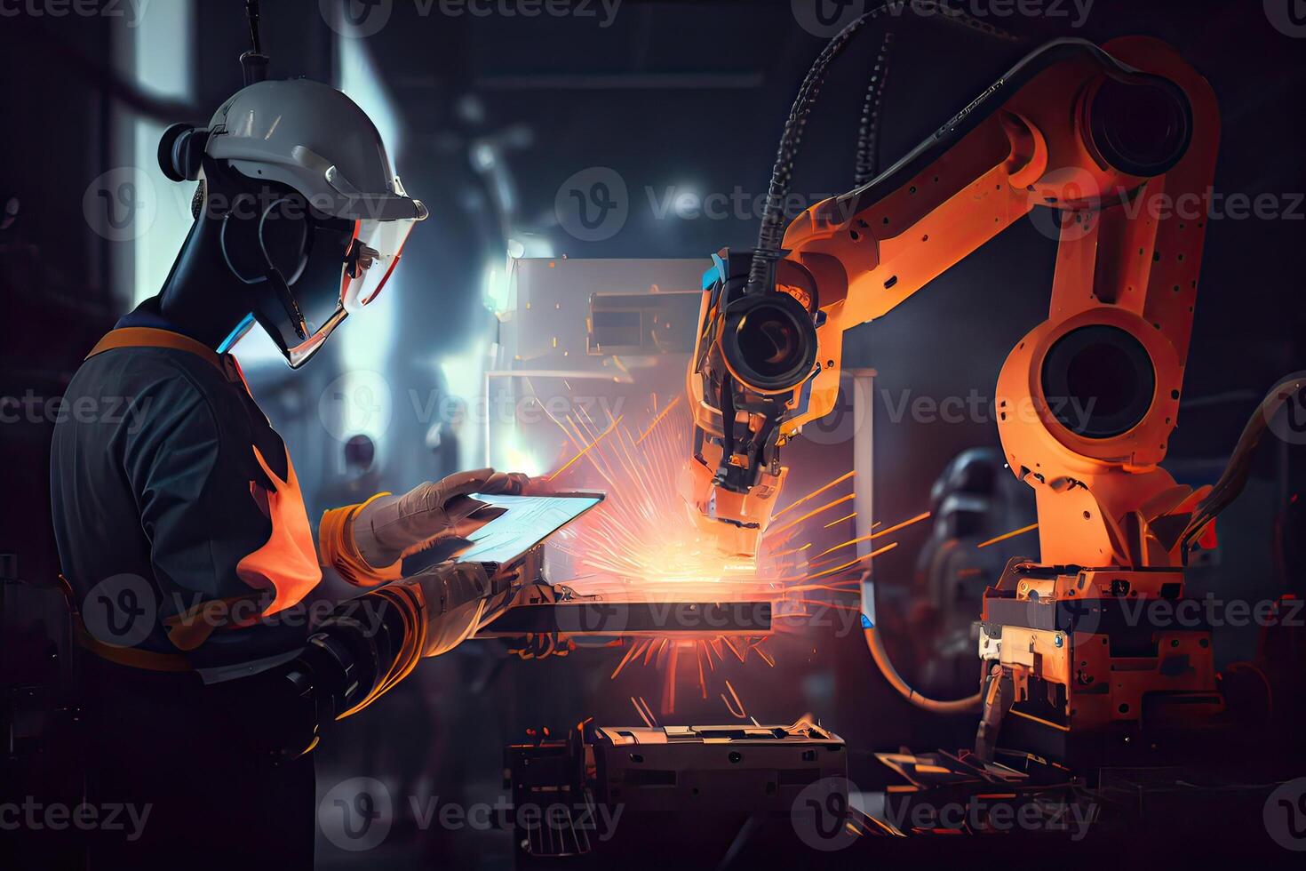 illustration of a real time monitoring system's software, manager engineers inspect and operate automation robot arms machines in intelligent factories, robots welding photo