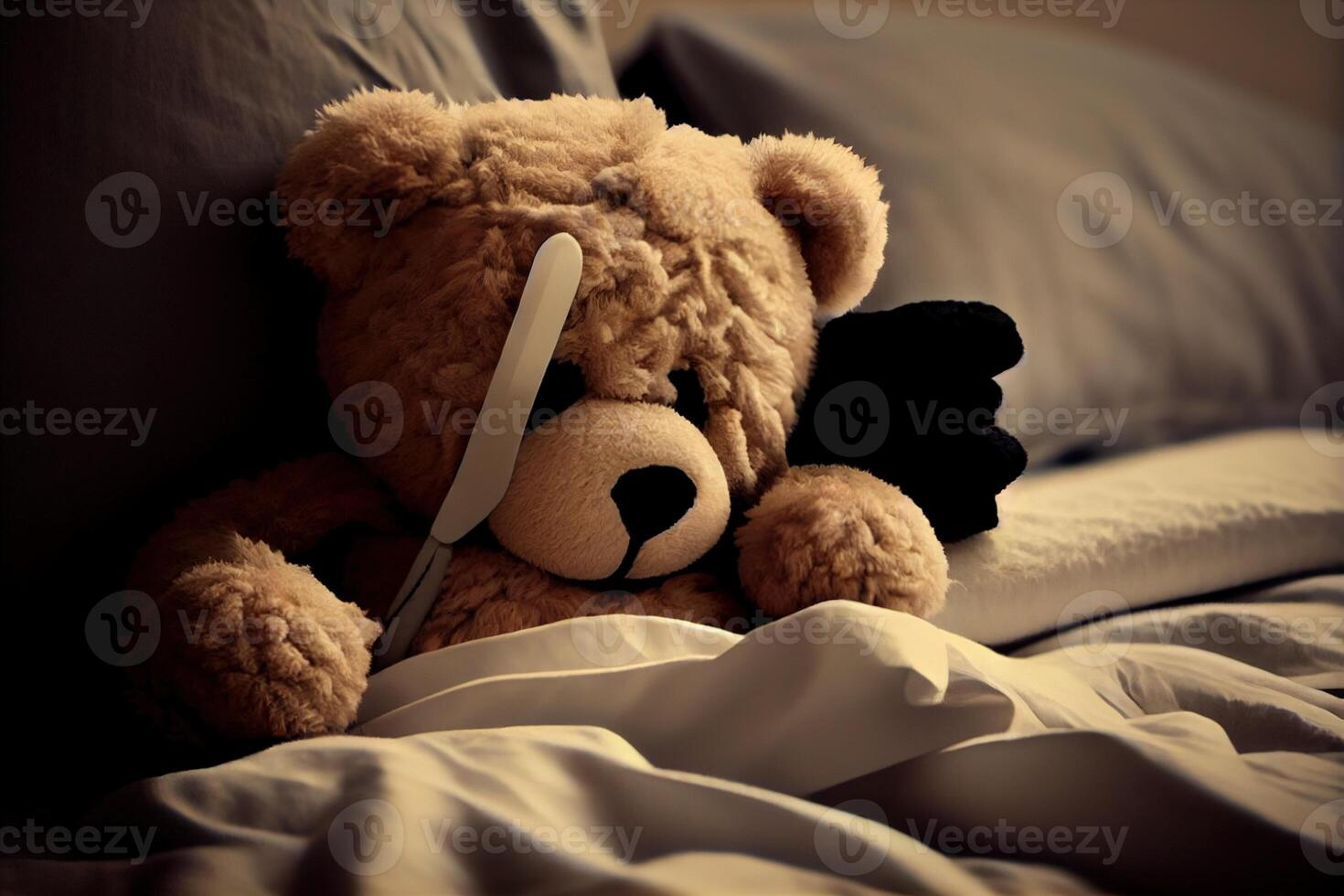 illustration of a teddy bear laying in bed and feeling sick photo