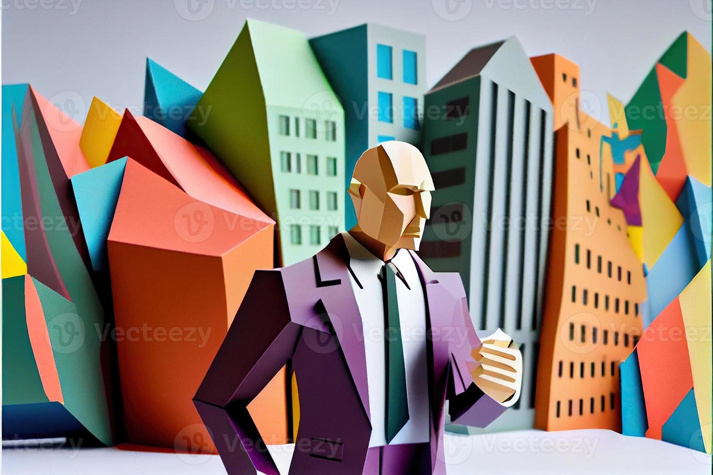 Business man in the city background, colorful. Business handshaking, successful concept. Paper cut craft, 3d paper illustration style. Neural network generated art. photo