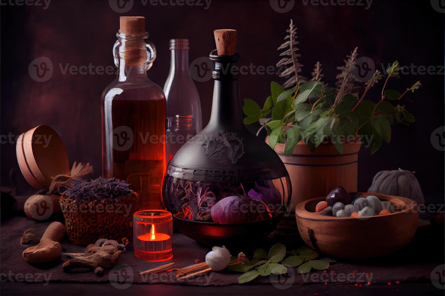 illustration of the ingredients of a flower vase arranged for a witch's cookbook. Herbs, bottles, vials, terracotta mixing pot photo