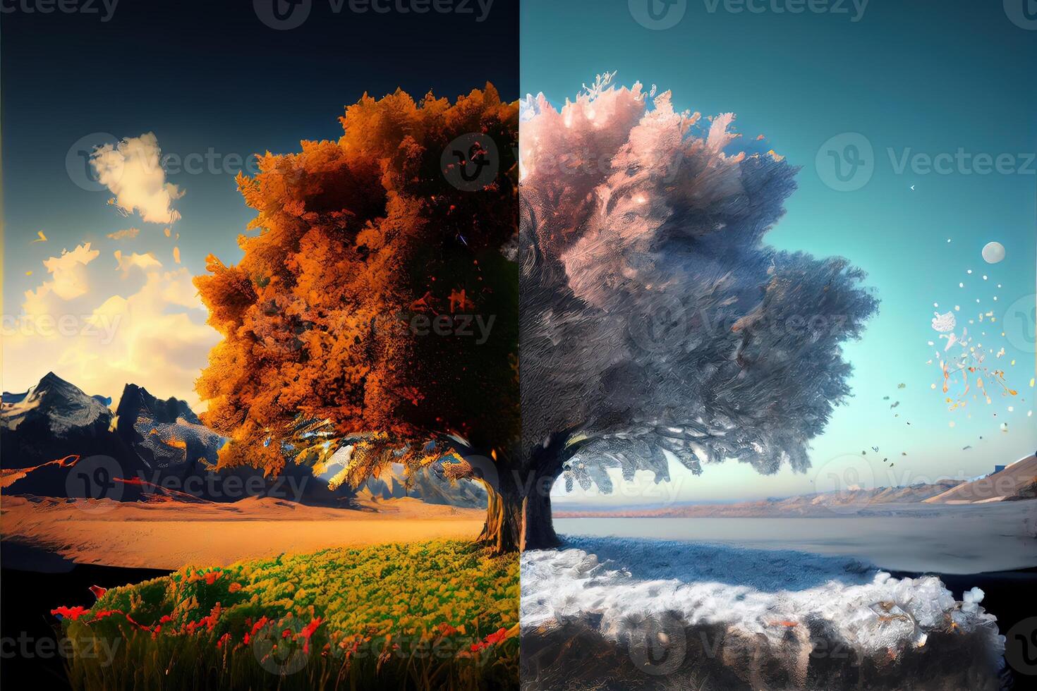 generativo ai ilustración de el cuatro temporal estaciones en uno rostro, uno marco, uno árbol. naturaleza concepto. digitalmente generado imagen foto