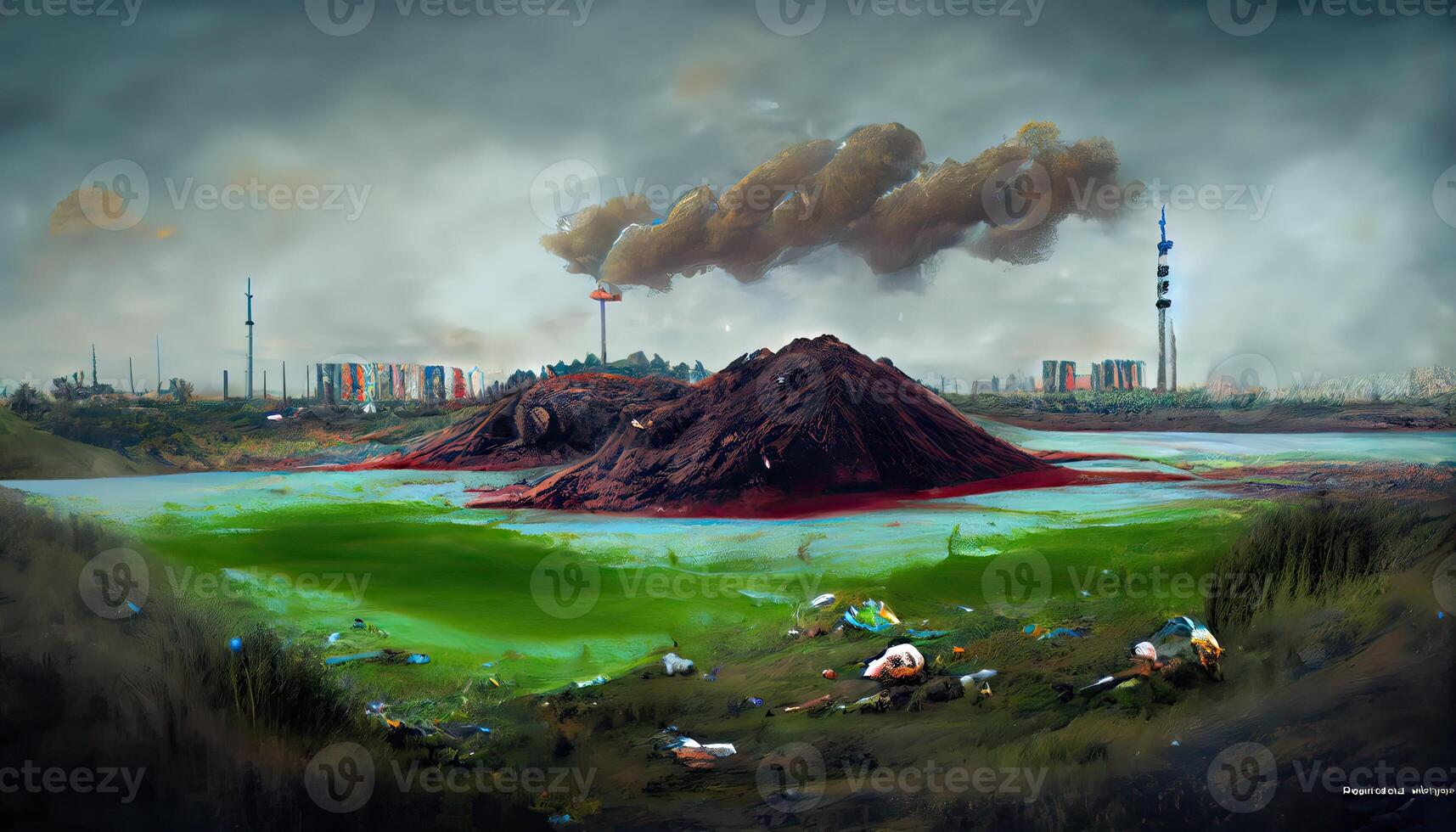 generativo ai ilustración de paisaje con ecológico desastre. contaminado tierra y Oceano foto