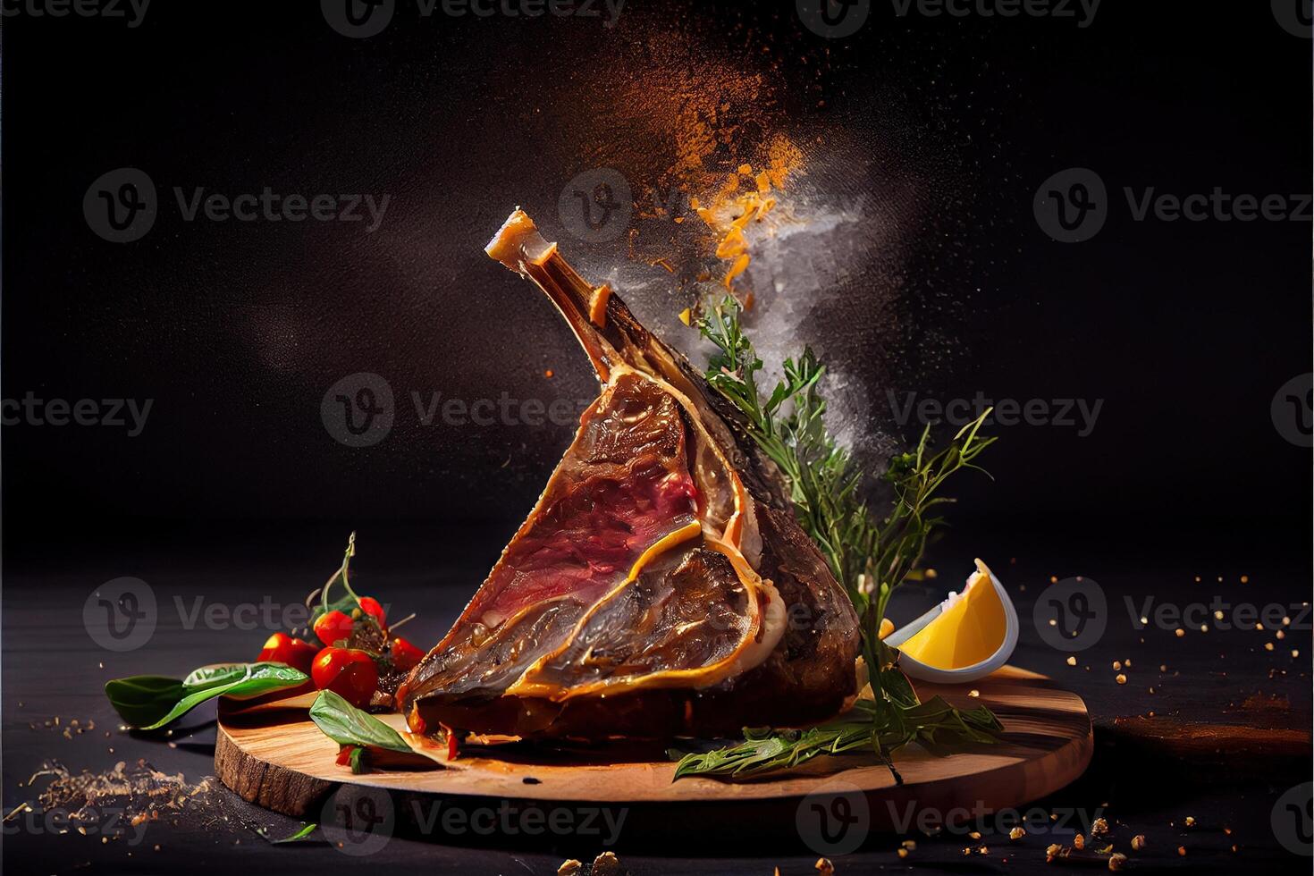 illustration of freshly grilled tomahawk steaks on wooden cutting board, superbly delicious tomahawk steak, barbecue photo