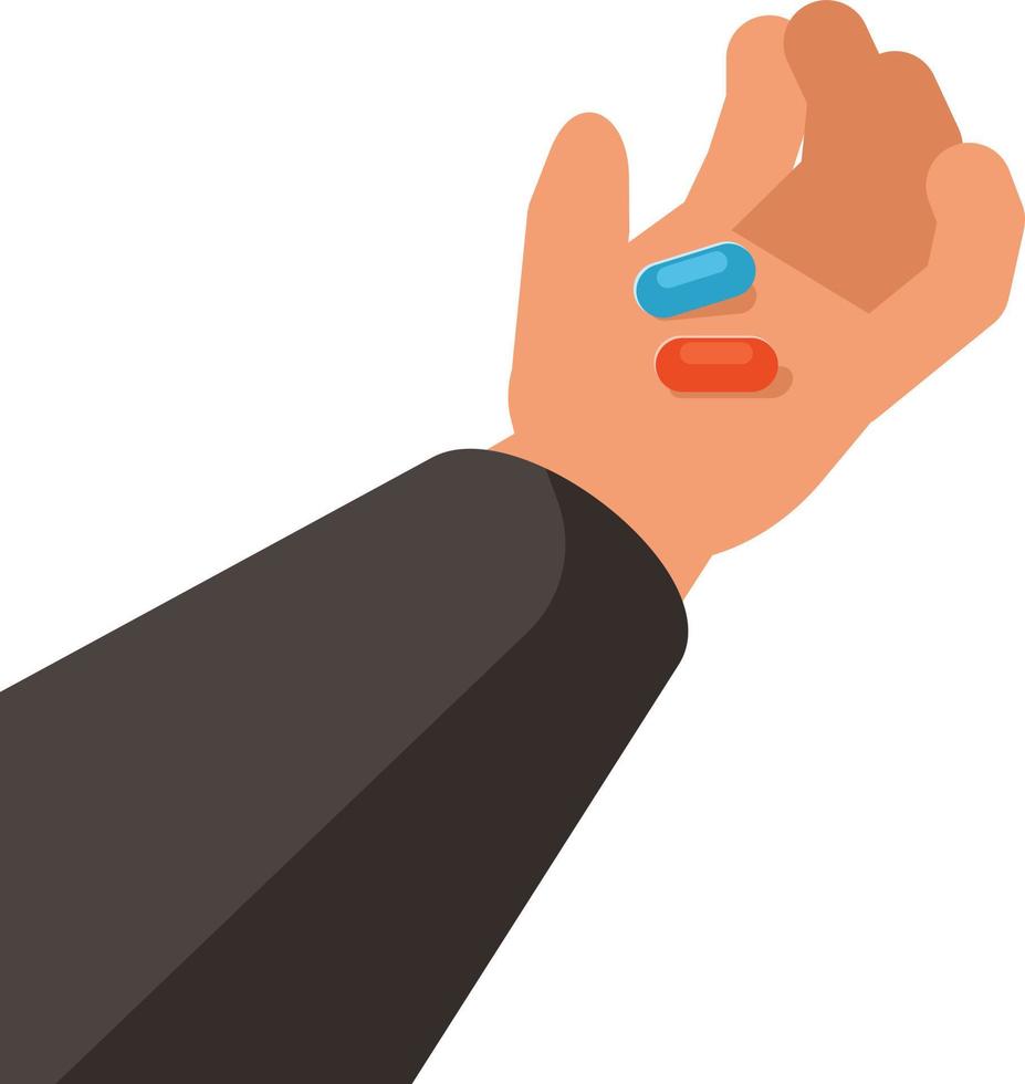 A Hand Holding Red And Blue Pill vector