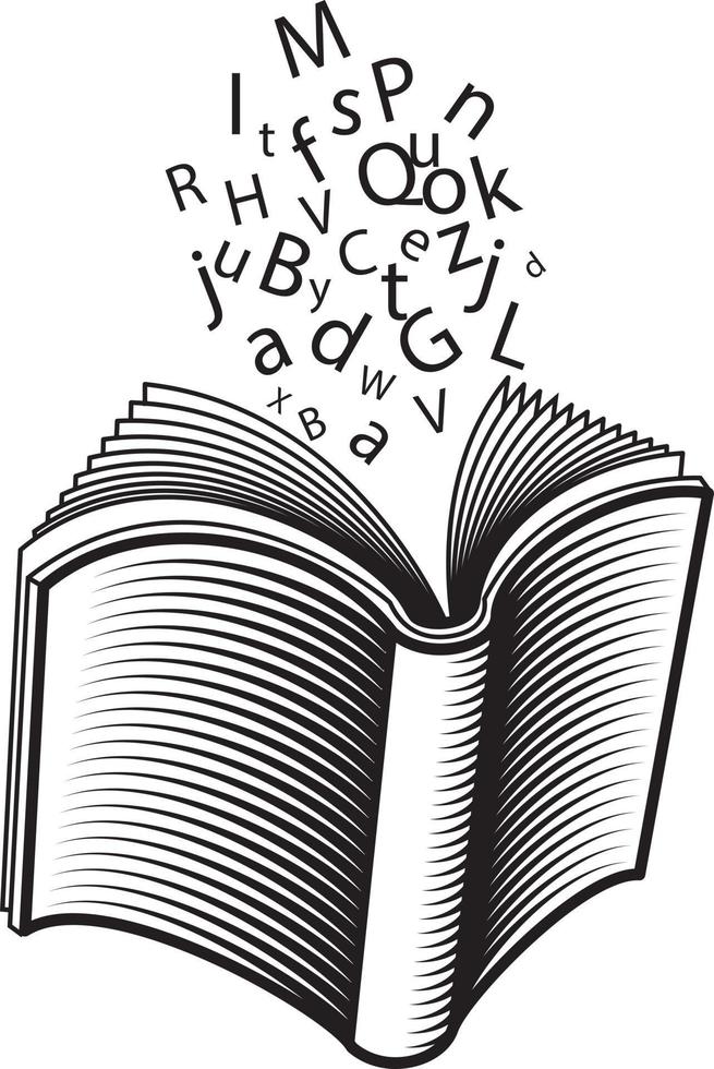 Monochrome Vector Graphics Of Letters Flying Out Of A Book