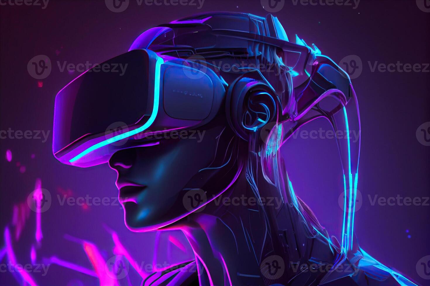 illustration of Metaverse concept and virtual world elements. Side view of human face in augmented or virtual reality headset inside the metaverse photo