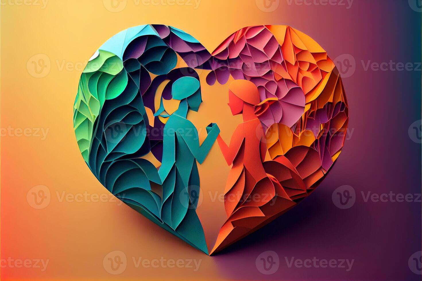 illustration of origami Valentine day background, happy couple, colorful. Paper cut craft, 3d paper style. Neural network generated art. Digitally generated image photo