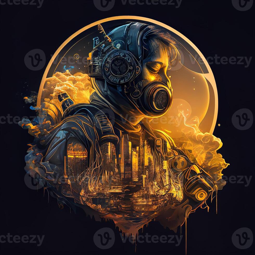 illustration of cyberpunk astronaut with a industrial smoke, mechanic detail on shoulders, pollution, centered inside intricate gold and fire circle of city and Skyscrapers photo