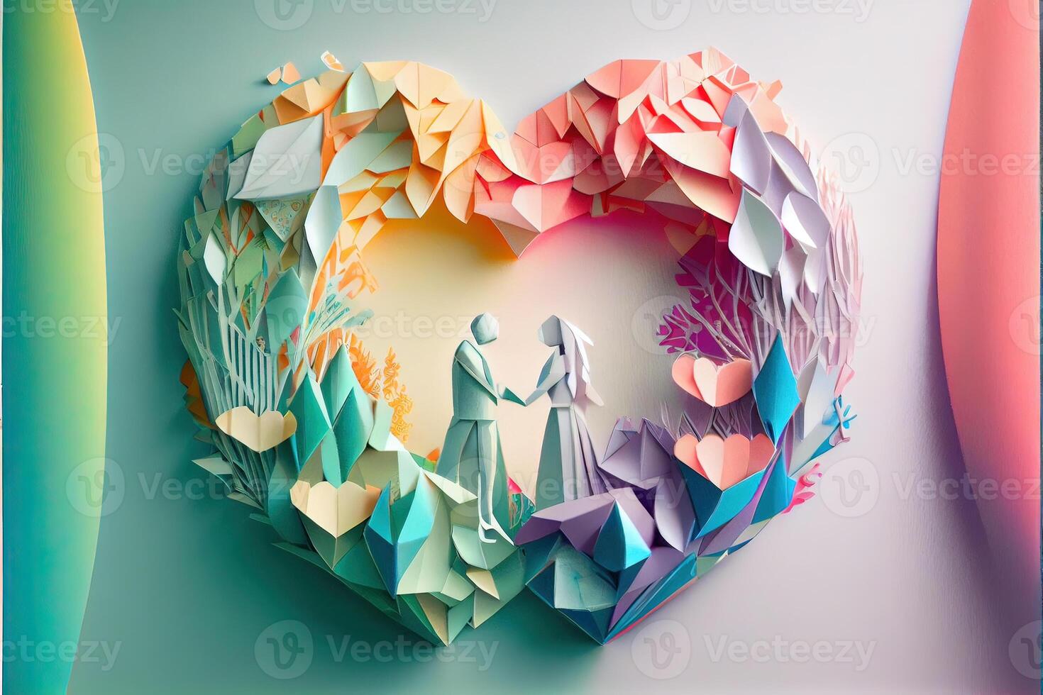 generativo ai ilustración de origami enamorado día fondo, contento pareja, vistoso. papel cortar artesanía, 3d papel estilo. neural red generado Arte. digitalmente generado imagen foto