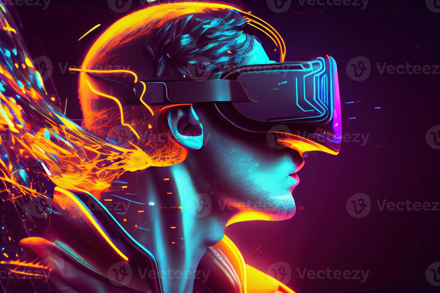 illustration of Metaverse concept and virtual world elements. Side view of human face in augmented or virtual reality headset inside the metaverse photo