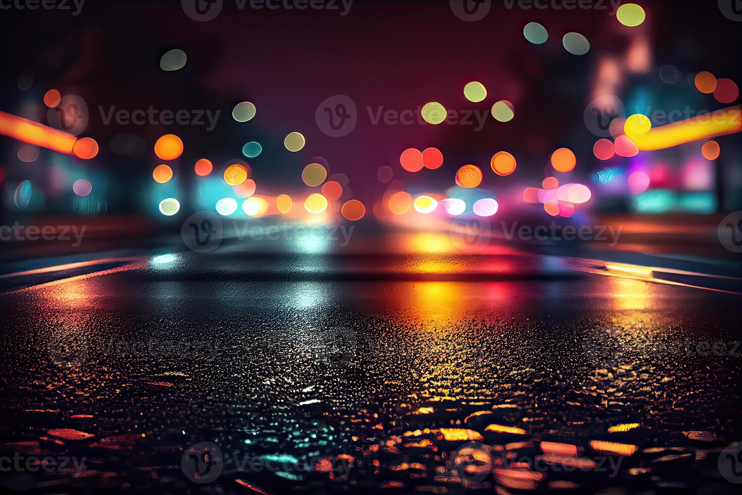illustration of a light effect, blurred background. Wet asphalt, night view of the city, neon reflections on the concrete floor. Dark abstract background, dark empty street photo