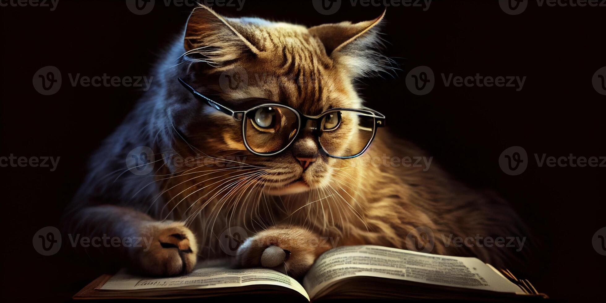 illustration of Intelligent serious cat in glasses reading a book, volumn light photo