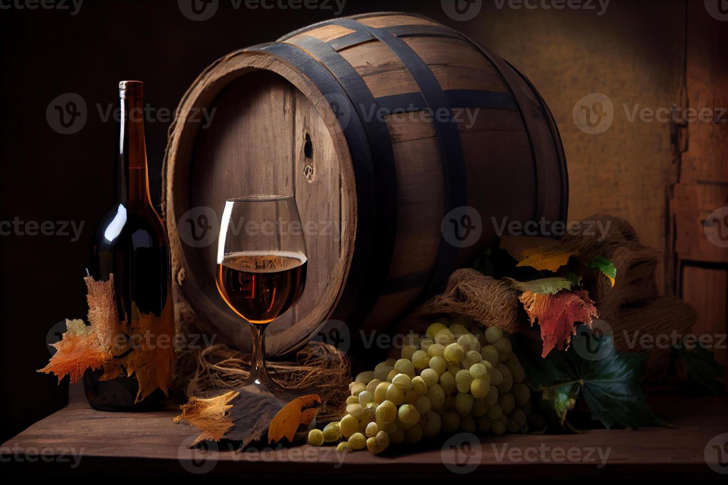 illustration of wine with wooden barrel, hay and grape photo