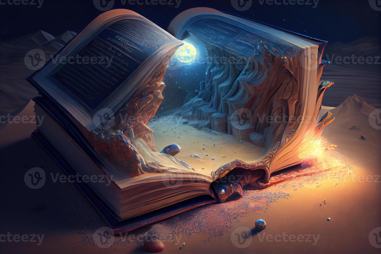 illustration of book of knowledge, universe, fantasy epic atmosphere, beautiful visual effects. Knowledge open new world. photo