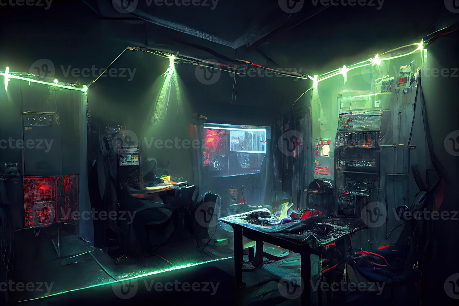 illustration of messy and dark cyberpunk hacker hideout room with lights photo