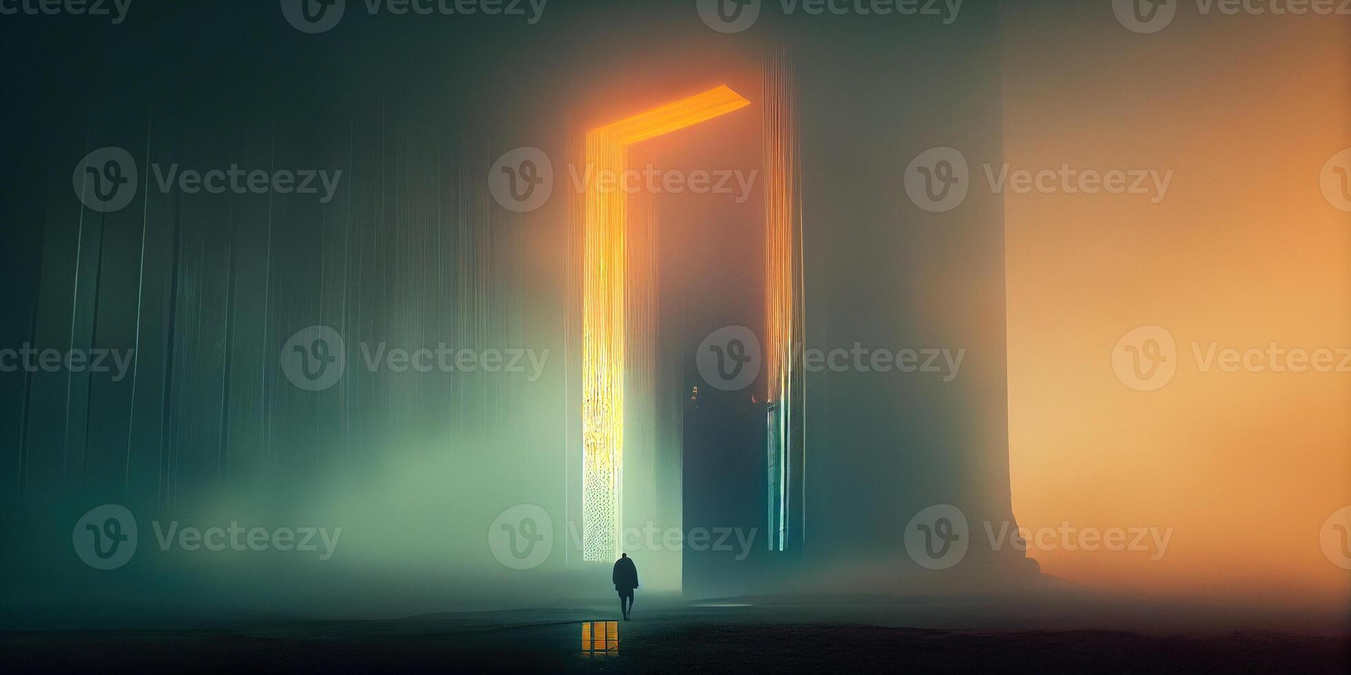 illustration of the gradient of color minimalistic bio mechanical organism, cinematic lighting with early morning fog photo