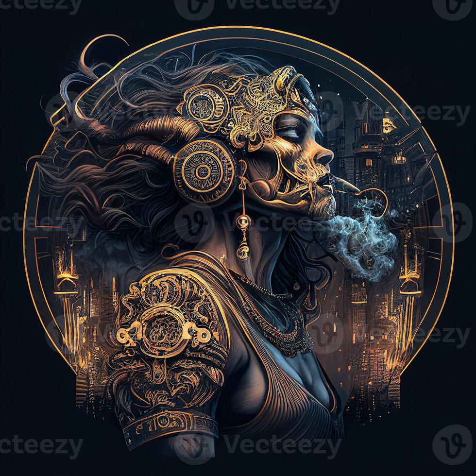 illustration of cyberpunk Zodiac sign with a industrial smoke, mechanic detail on shoulders, pollution, centered inside intricate gold and fire circle of city and Skyscrapers, steam punk photo