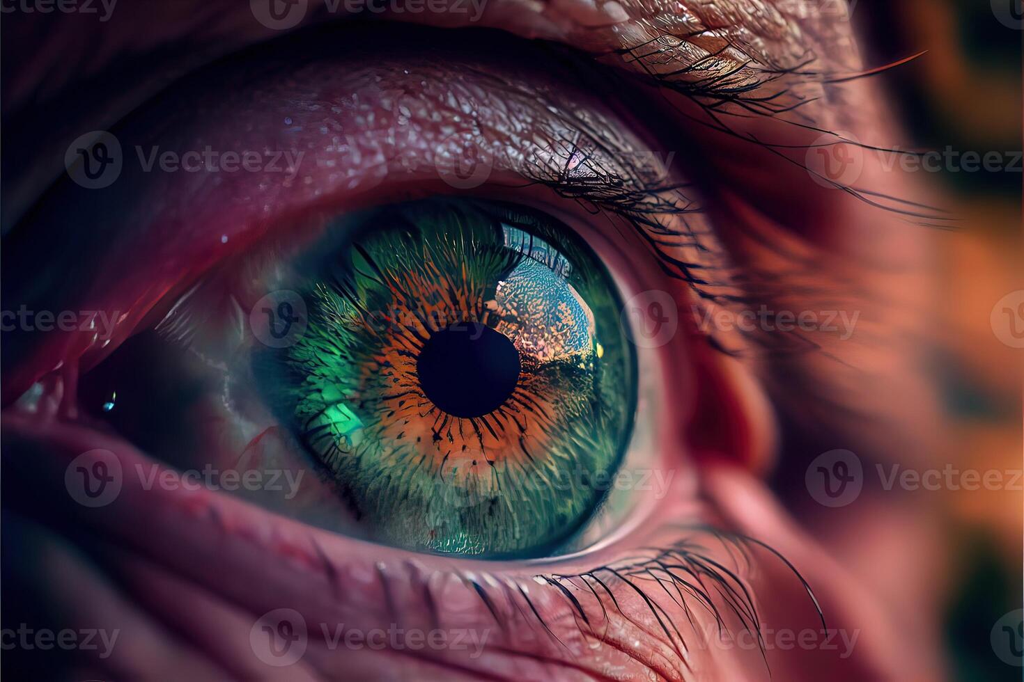 illustration of sadness is seen deep inside, mirroring, hyper realistic, colorful, cinematic lighting, close macro photo shot of an eye of old man.