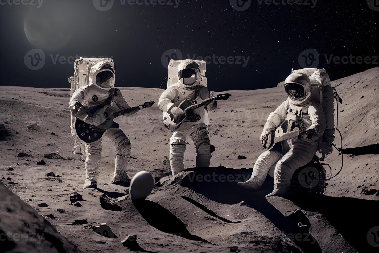 generativo ai ilustración de un trío de astronautas haciendo música en el lunar superficie foto