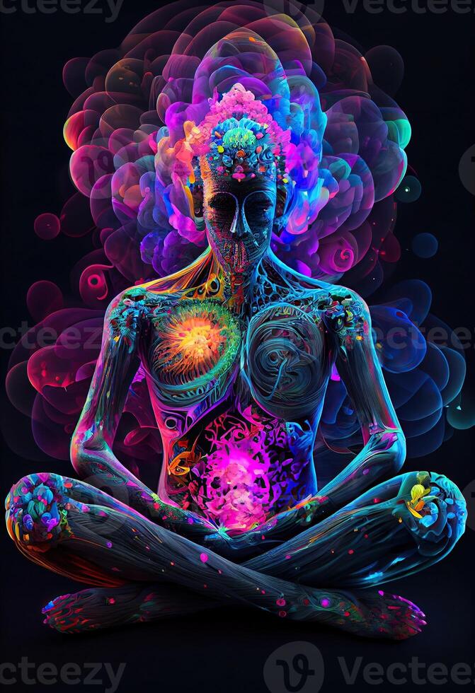 illustration of higher, yoga relax chill out dmt visions spirit. 7 colored chakras meditation DMT hallucinations. Multiverse connected through a nervous system - trippy psychedelic photo