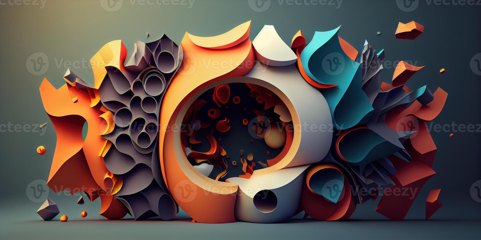 illustration of a futuristic abstraction, featuring a 3D background with dynamic shapes and colors photo