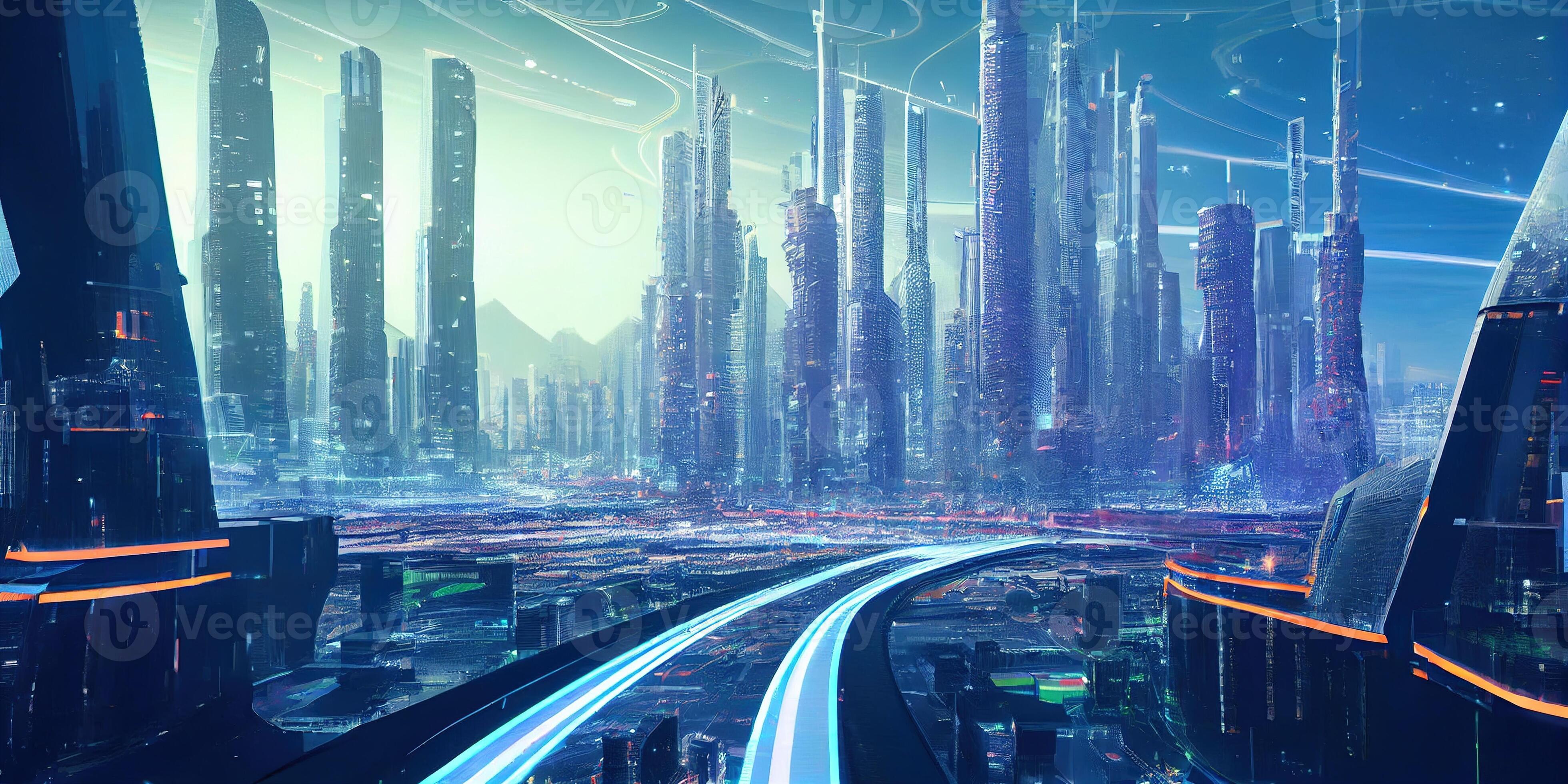 Generative AI illustration of fantasy futuristic city with highways and  skyscrapers, cyber city 22709983 Stock Photo at Vecteezy