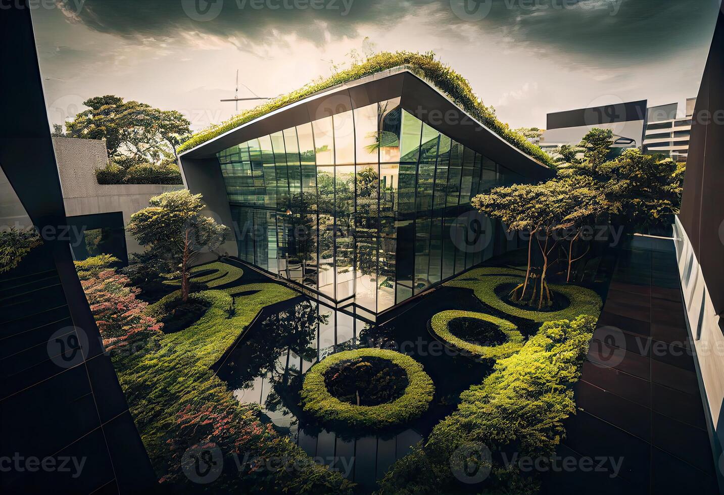 illustration of Gorgeous garden on the rooftop of a contemporary glass office building in Asia photo