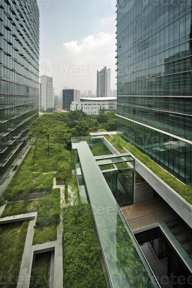 illustration of Gorgeous garden on the rooftop of a contemporary glass office building in Asia photo