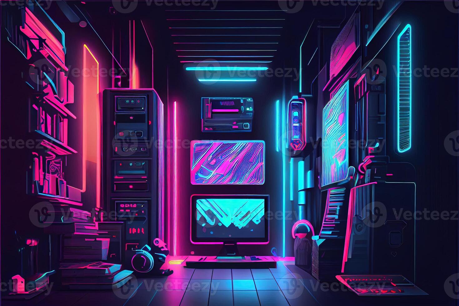 Generative AI illustration of gaming background, abstract cyberpunk style  of gamer wallpaper, neon glow light of scifi fluorescent sticks. Digitally  generated image 22694863 Stock Photo at Vecteezy