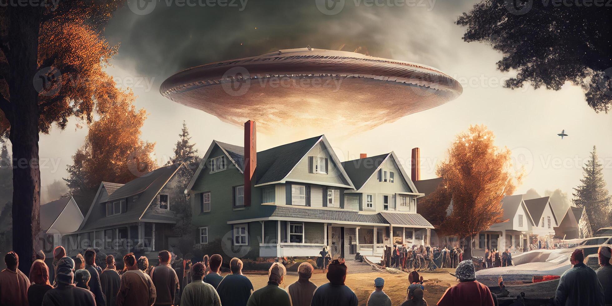 illustration of Ufo hovering above homes and a crowd of people photo