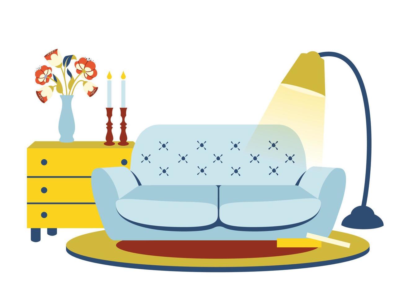 Trendy living room. Cozy house interior. Home furniture. Sofa, commode, flowers in vase, carpet, lamp in cozy house interior. Trendy indoor template. Vector flat cartoon illustration