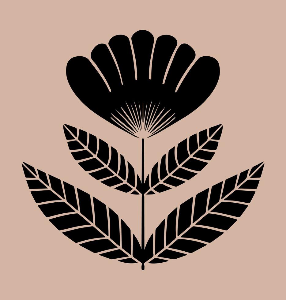 Ornamental flower and leaves shape. Motif in scandinavian style. Ethnic flat illustration in black. vector